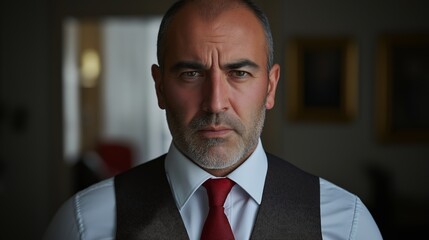 A man in a suit and vest with a red tie and a serious expression