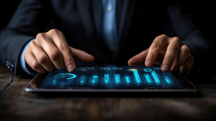 Businessman holding a tablet and analyzing graphs, charts, data.Modern banner for design sites for business