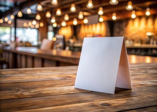 Blank white paper tent card on a rustic wooden table, surrounded by soft focus ambiance, awaiting custom menu labels in a cozy bar restaurant setting.