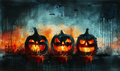 Spooky Halloween night with glowing jack-o'-lanterns illuminating a haunted landscape filled with eerie fog, bats, and a sense of thrilling anticipation