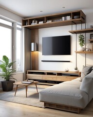 Compact living room with couch and TV on a wooden stand