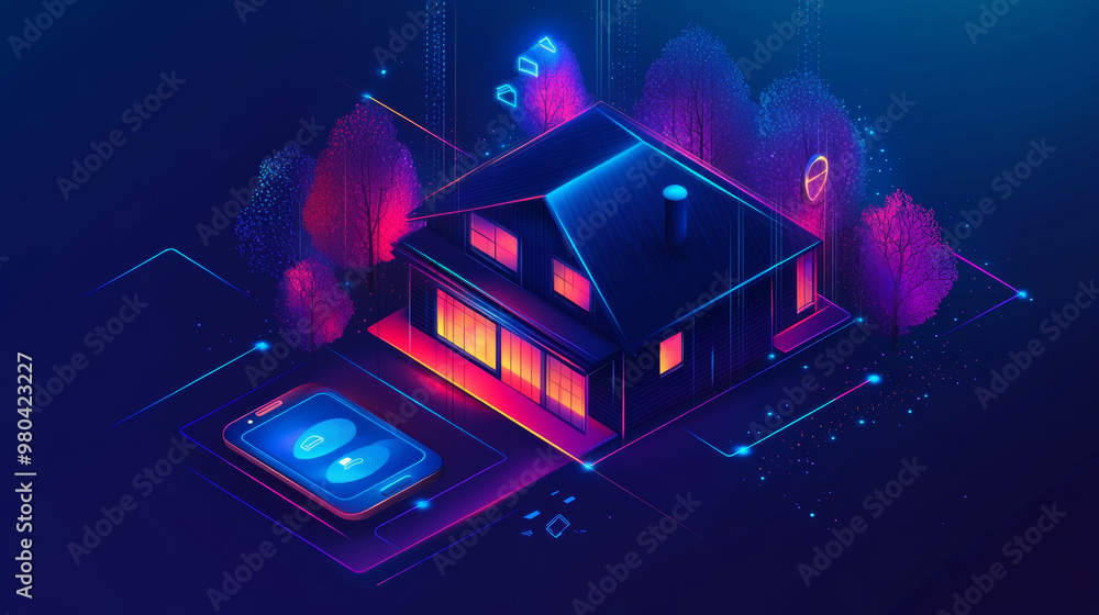 Poster the internet of things (iot) concept shows a smartphone controlling various devices within a home. a