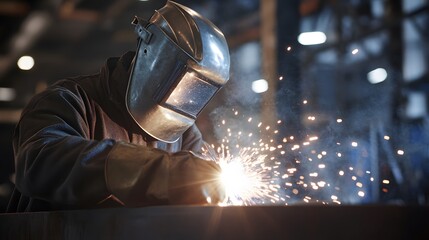 Steel welder with a bright welding arc, medium close-up highlighting the welder focused expression and the intense light of the welding process, blurred background of an industrial setting with