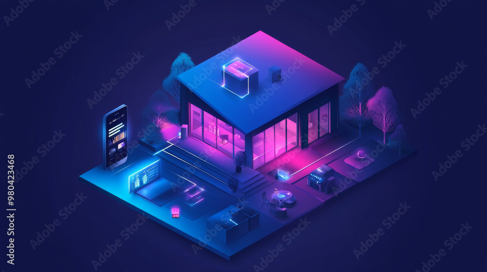 Poster the internet of things (iot) concept shows a smartphone controlling various devices within a home. a