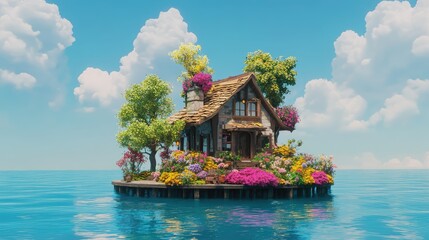 Obraz premium Colorful Cottage on a Floating Island 