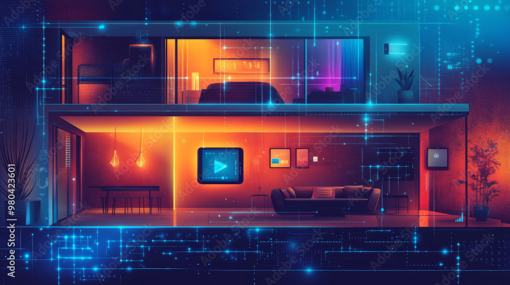 Poster the internet of things (iot) concept shows a smartphone controlling various devices within a home. a