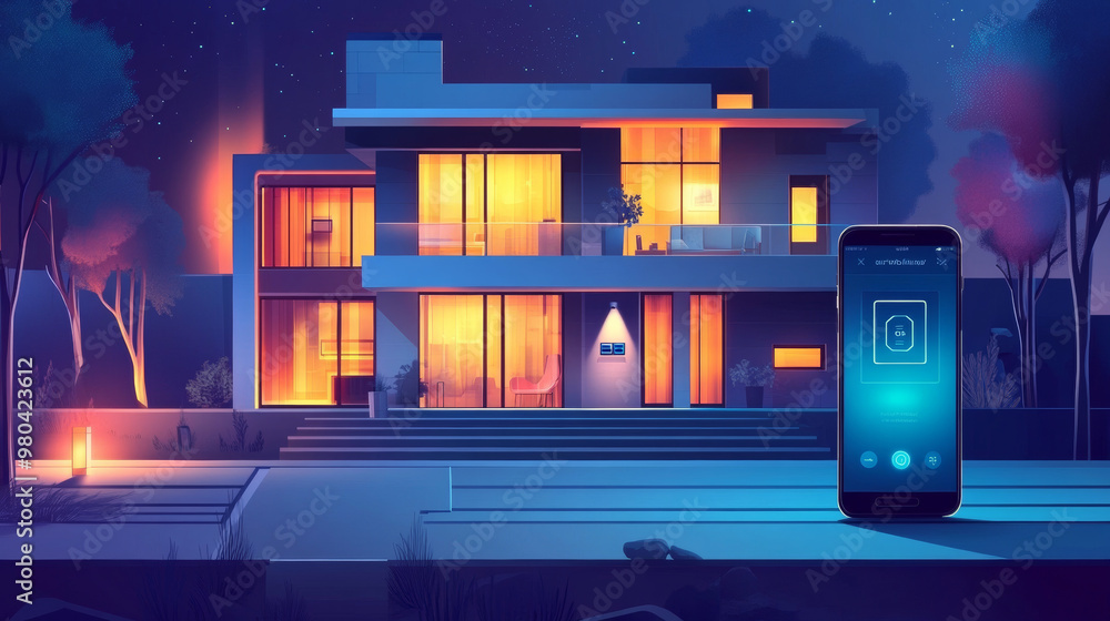 Poster the internet of things (iot) concept shows a smartphone controlling various devices within a home. a