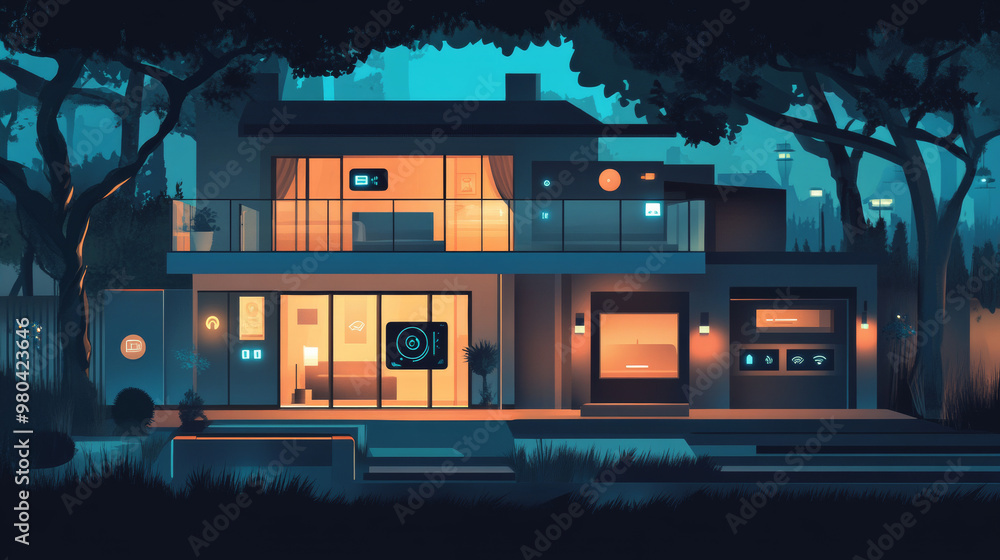 Poster the internet of things (iot) concept shows a smartphone controlling various devices within a home. a