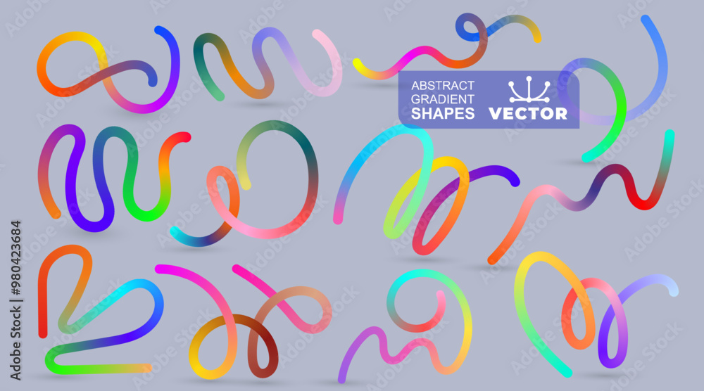 Poster set of abstract gradient color handwritten lines strokes spirals. gradient abstract shapes. vector g