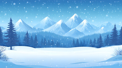 Beautiful Chrismas winter flat landscape background. Christmas forest woods with mountains. New Year winter vector landscape