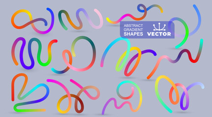 Set of abstract gradient color handwritten lines strokes spirals. Gradient abstract shapes. Vector graphic with wavy lines in rainbow colors. Colorful fluid wave pattern. Vector design is easy to edit