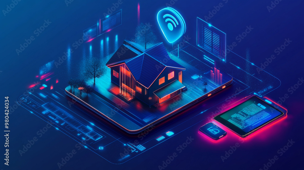 Poster the internet of things (iot) concept shows a smartphone controlling various devices within a home. a