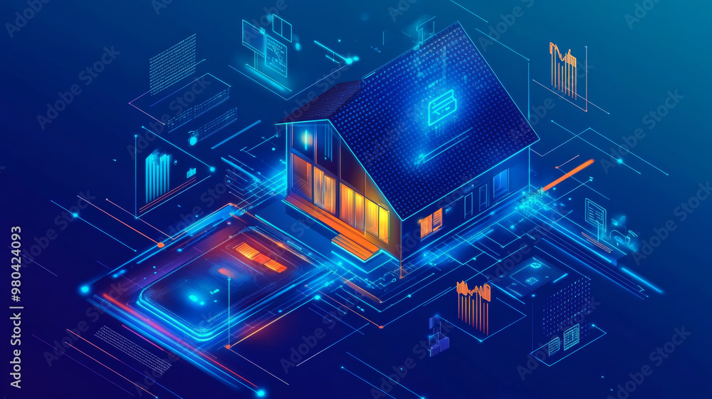 Poster the internet of things (iot) concept shows a smartphone controlling various devices within a home. a