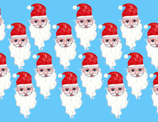 Pattern of portraits of Santa Claus on a blue background. Santa's face is stylized. Red cap, fluffy white beard, mustache and eyebrows. Round blue eyes, drop nose. Watercolor illustration.