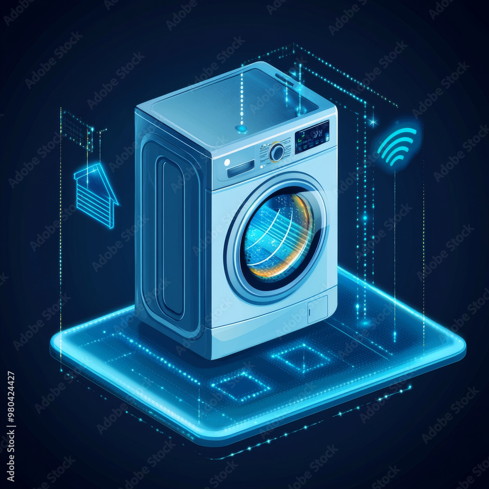 Poster a smartphone remotely controls a smart washing machine through a wireless internet connection. this 