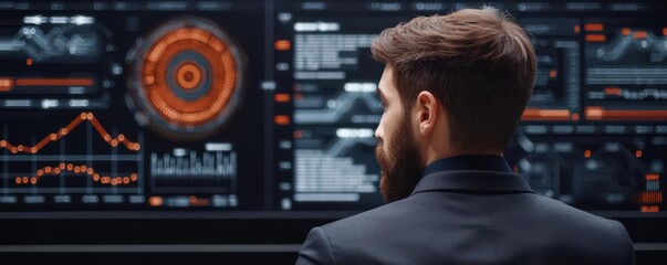 Businessman working on a futuristic financial dashboard, analyzing savings performance and banking trends