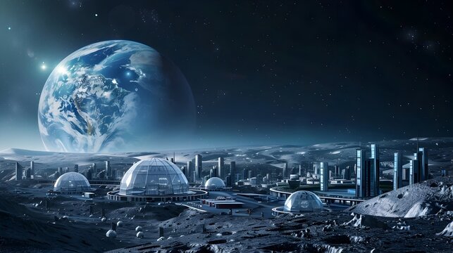 Futuristic Lunar Base with Transparent Domes in a Bustling Cityscape Under the Earthrise