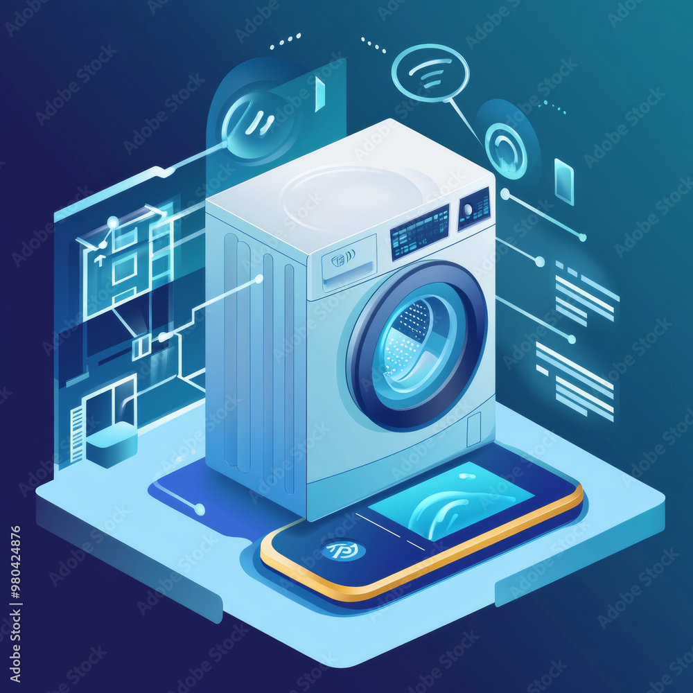 Poster a smartphone remotely controls a smart washing machine through a wireless internet connection. this 