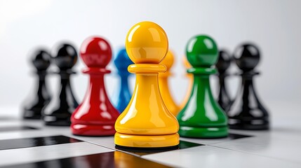 A bold yellow pawn stands out, defying the crowd on the chessboard.