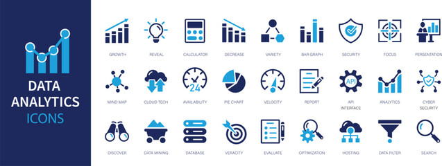 Data analysis icon set. Graphs, statistics, analytics, analysis, big data, growth, chart, research, UI, UX, GUI and more flat icon.