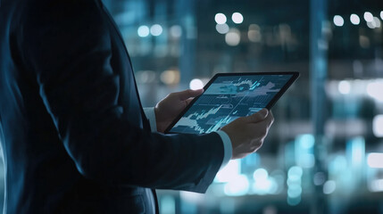 Businessman holding a tablet and analyzing graphs, charts, data.Modern banner for design sites for business
