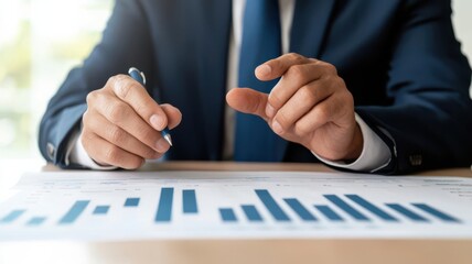 Financial consultant with charts and diagrams explaining a savings plan to a client, highlighting personalized banking solutions