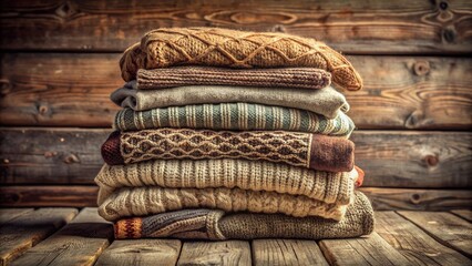 Cozy arrangement of assorted vintage knitted sweaters in muted earth tones stacked on a rustic wooden table, exuding warmth and nostalgia.
