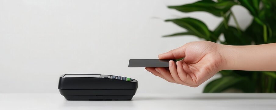 Person tapping a credit card on a contactless payment terminal, representing fast and secure digital transactions