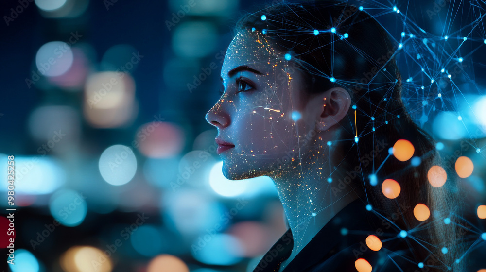 Poster double exposure of a businesswoman with a big data concept. features a digital neural network and th