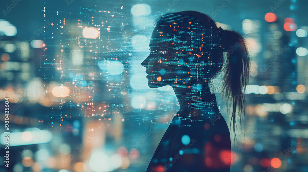 Poster double exposure of a businesswoman with a big data concept. features a digital neural network and th