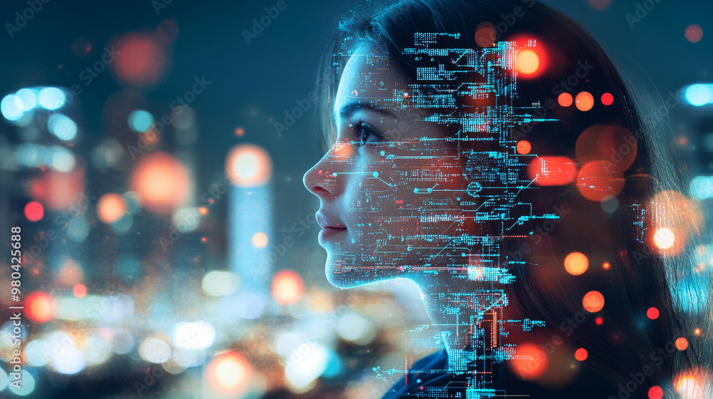 Poster double exposure of a businesswoman with a big data concept. features a digital neural network and th