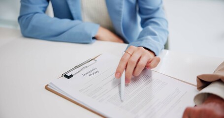Hands, business people and consultant with insurance policy, risk management and conversation....