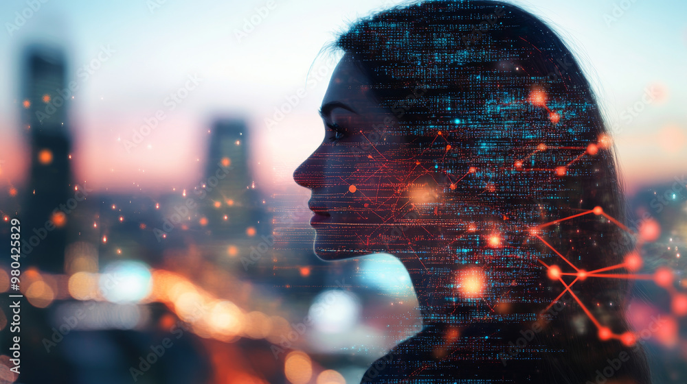 Poster double exposure of a businesswoman with a big data concept. features a digital neural network and th