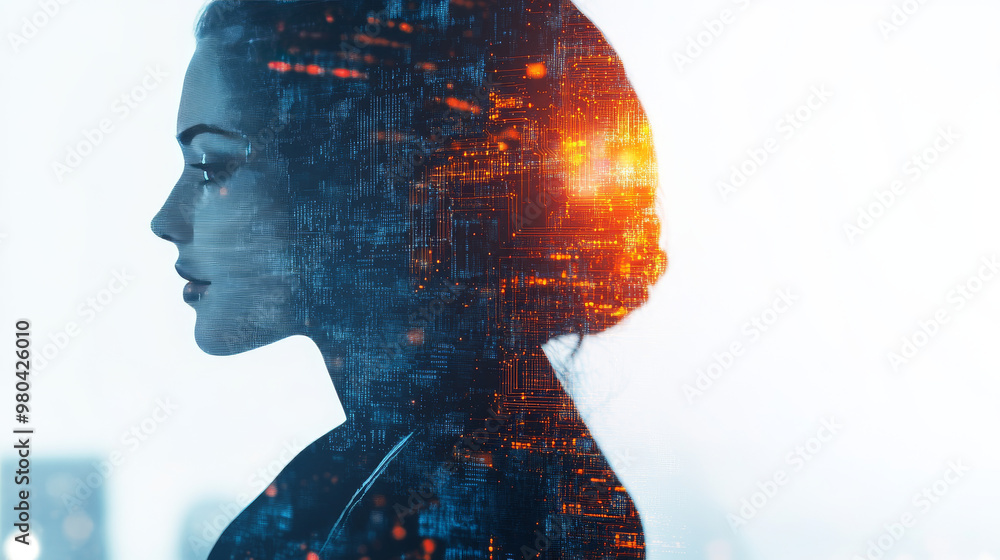 Poster double exposure of a businesswoman with a big data concept. features a digital neural network and th