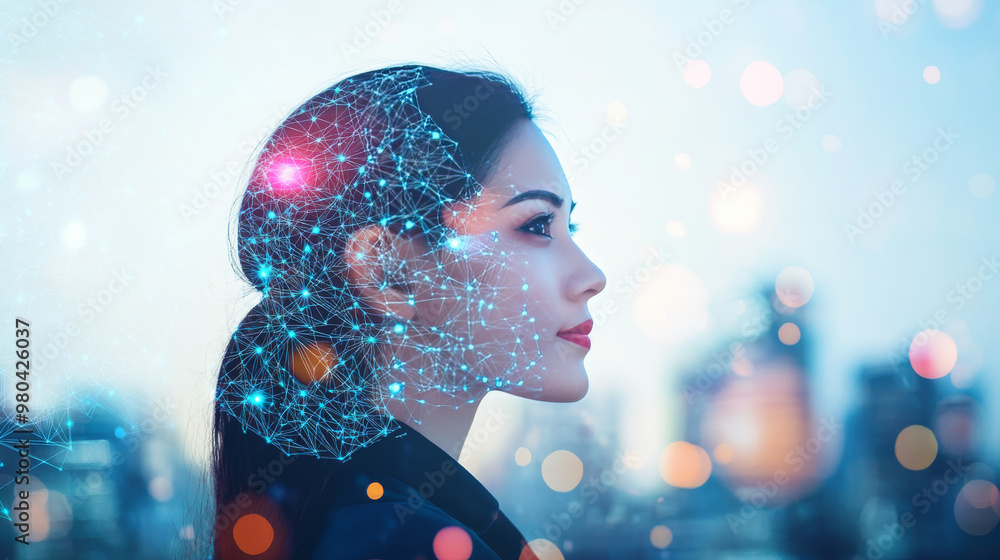 Poster double exposure of a businesswoman with a big data concept. features a digital neural network and th