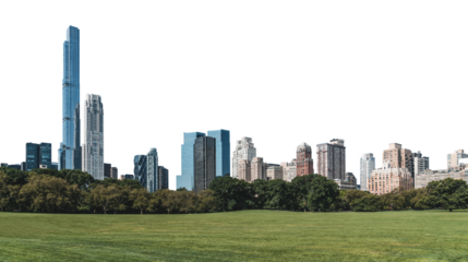 Image of the Manhattan skyline, viewed from Central Park. Tall buildings rise above the green park, set against a clear background. Concept of urban nature