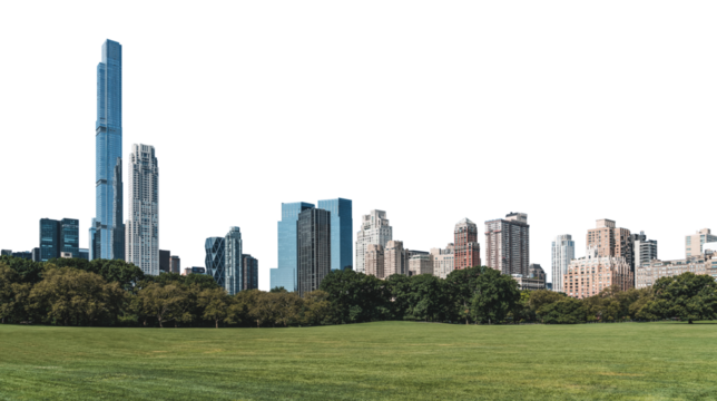 Image of the Manhattan skyline, viewed from Central Park. Tall buildings rise above the green park, set against a clear background. Concept of urban nature