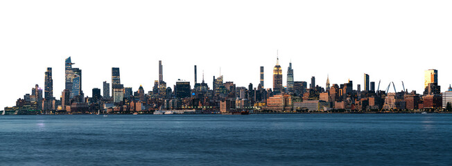 Panoramic view of Manhattan skyline featuring modern skyscrapers and iconic buildings. Isolated white background. Concept of New York cityscape and architecture