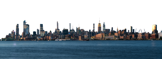 Panoramic view of Manhattan skyline featuring modern skyscrapers and iconic buildings. Isolated white background. Concept of New York cityscape and architecture