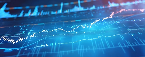 Financial chart on a blue screen showing a bright uptrend line and candlestick pattern.