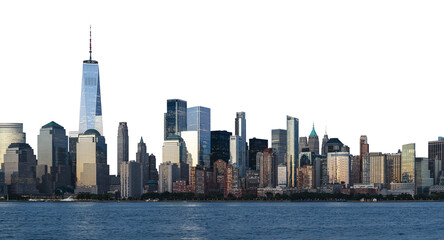 New York City's downtown skyline with iconic skyscrapers and buildings, isolated on a white background. Cityscape and architecture concept