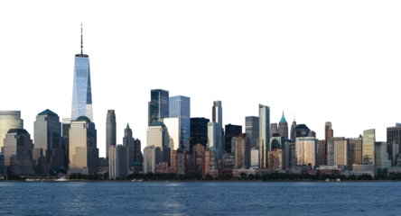 New York City's downtown skyline with iconic skyscrapers and buildings, isolated on a white background. Cityscape and architecture concept