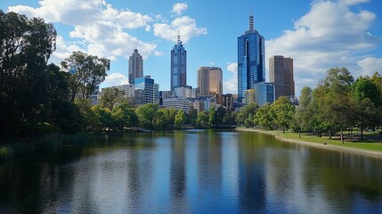 Cityscape with Reflective Lake and Tall Skyscrapers