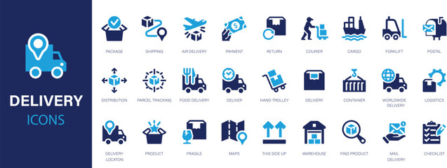 Delivery icons set. 60 icon delivery, shipping, logistics symbols. Flat icons collection.