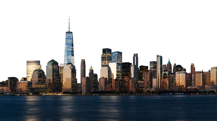 New York City downtown skyline featuring modern skyscrapers, isolated on white background. Concept...