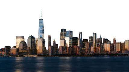 New York City downtown skyline featuring modern skyscrapers, isolated on white background. Concept of urban life, architecture, and business hub