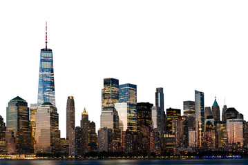New York City's skyline at night with illuminated skyscrapers. Isolated on a white background. The image captures the essence of a bustling urban financial center