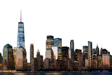 New York City's skyline at night with illuminated skyscrapers. Isolated on a white background. The image captures the essence of a bustling urban financial center