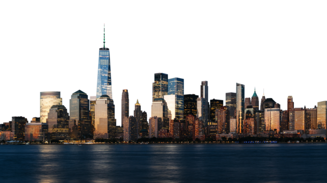 New York City downtown skyline featuring modern skyscrapers, isolated on white background. Concept of urban life, architecture, and business hub