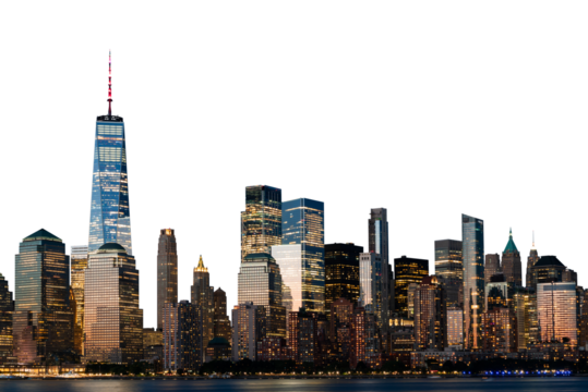 New York City's skyline at night with illuminated skyscrapers. Isolated on a white background. The image captures the essence of a bustling urban financial center
